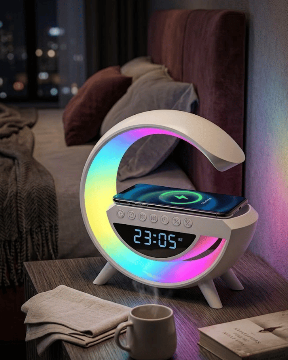 RGB Işıklı Kablosuz Şarjlı Bluetooth Hoparlör Saat ve Alarm Özellikli