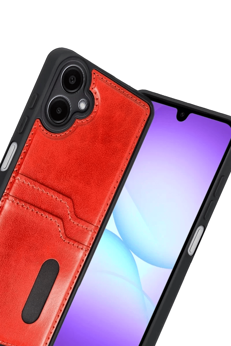 Samsung Galaxy A07 4G Sara Kartvizitli Deri Kılıf - Kırmızı