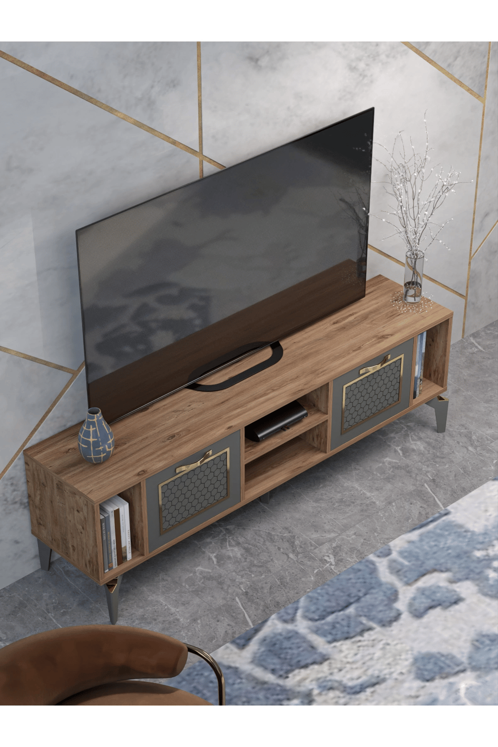 Tv Sehpası Tv Ünitesi Atlantik Çam Antrasit Gold 160 Cm Linya 5040