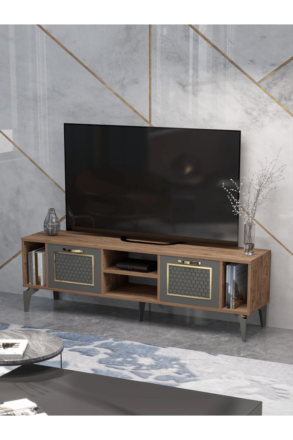 Tv Sehpası Tv Ünitesi Atlantik Çam Antrasit Gold 160 Cm Linya 5040