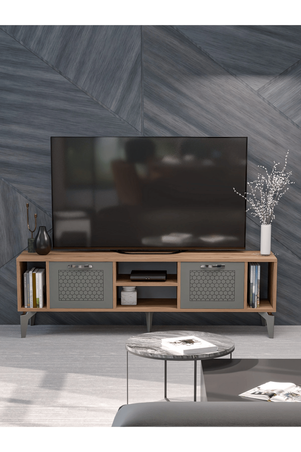Tv Sehpası Tv Ünitesi Atlantik Çam Antrasit Gümüş 160 Cm Linya 5041