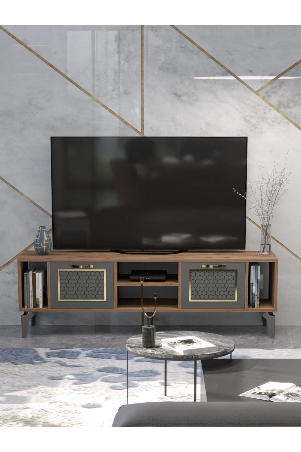 Tv Sehpası Tv Ünitesi Atlantik Çam Antrasit Gold 160 Cm Linya 5040