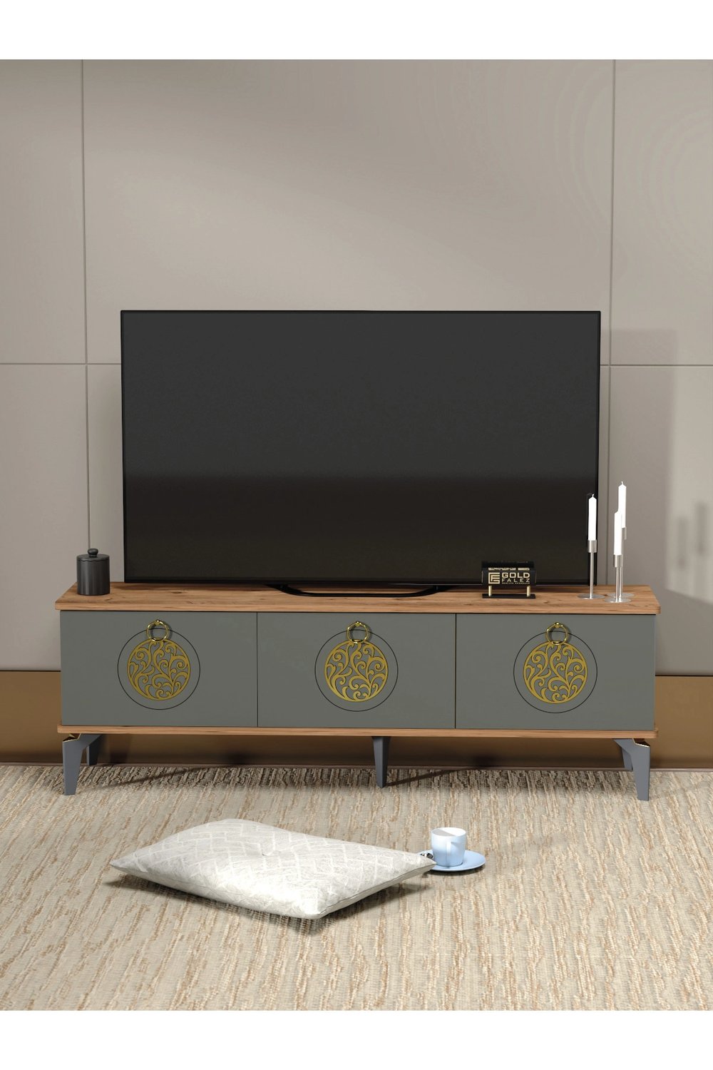 Tv Sehpası Tv Ünitesi Atlantik Çam Antrasit Gold 160 Cm Saraylı 5060