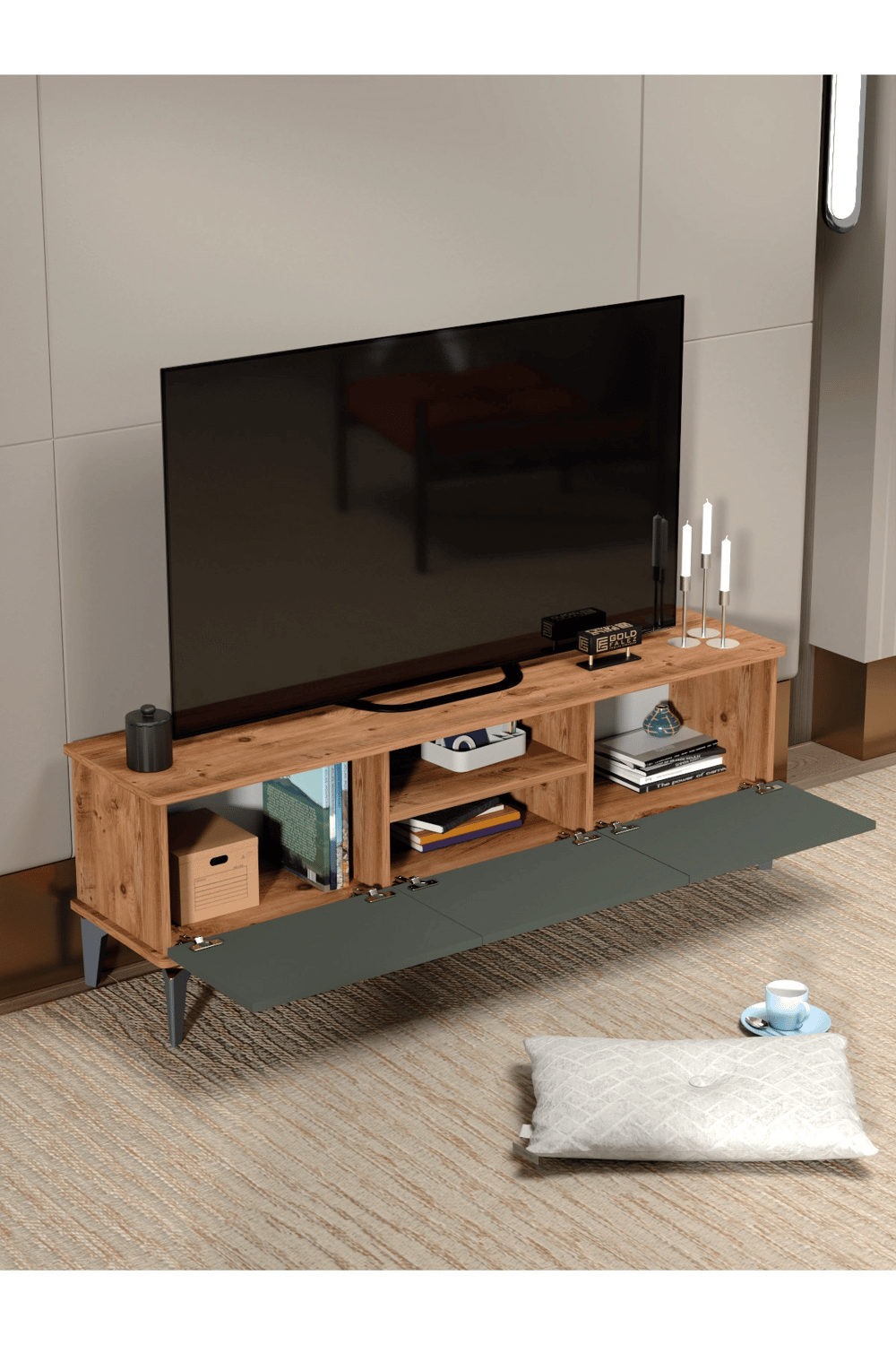 Tv Sehpası Tv Ünitesi Atlantik Çam Antrasit Gold 160 Cm Saraylı 5060