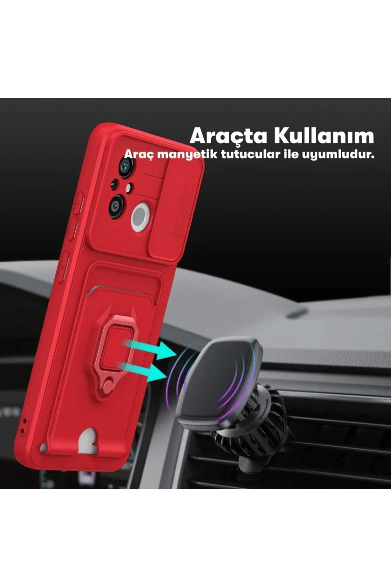 Xiaomi Redmi 12C Kılıf Zuma Kartvizitli Yüzüklü Silikon - Kırmızı