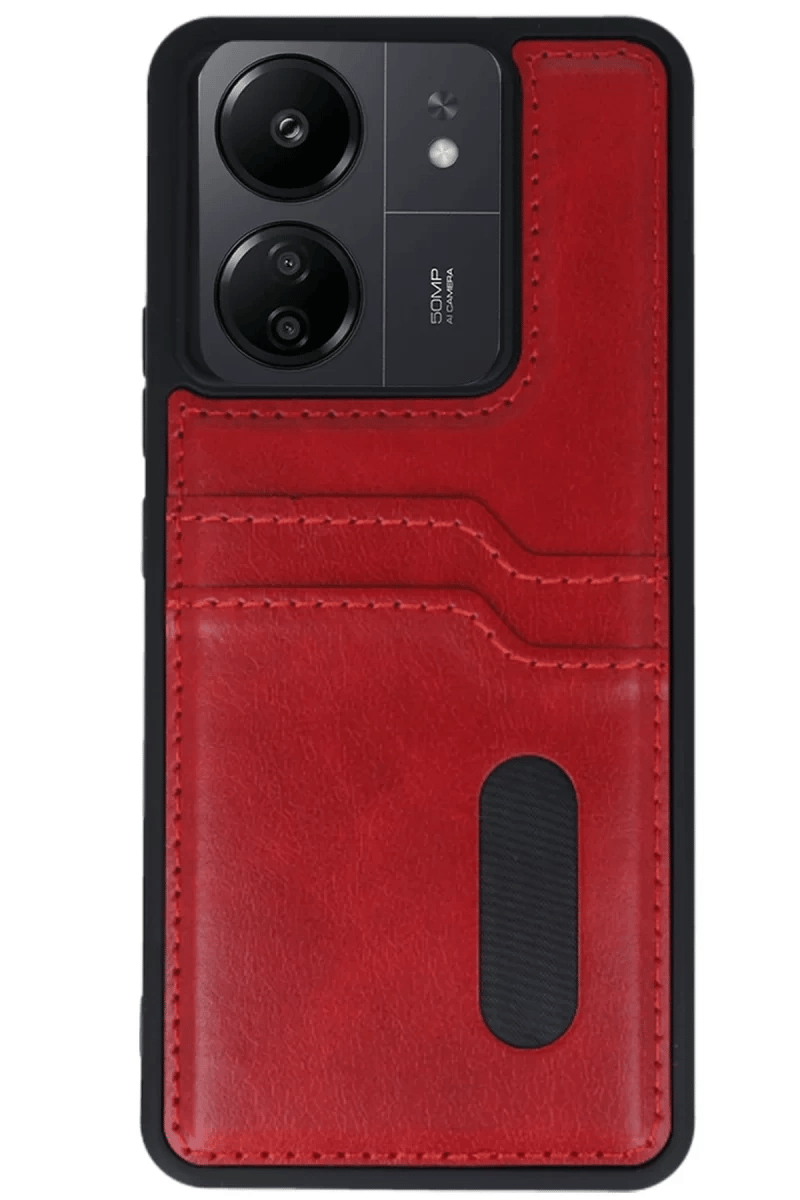 Xiaomi Redmi 13C Kılıf Sara Kartvizitli Deri Kılıf - Kırmızı