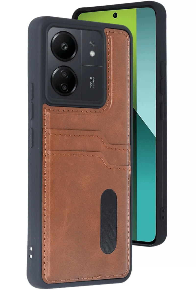 Xiaomi Redmi 13C Kılıf Sara Kartvizitli Deri Kılıf - Taba