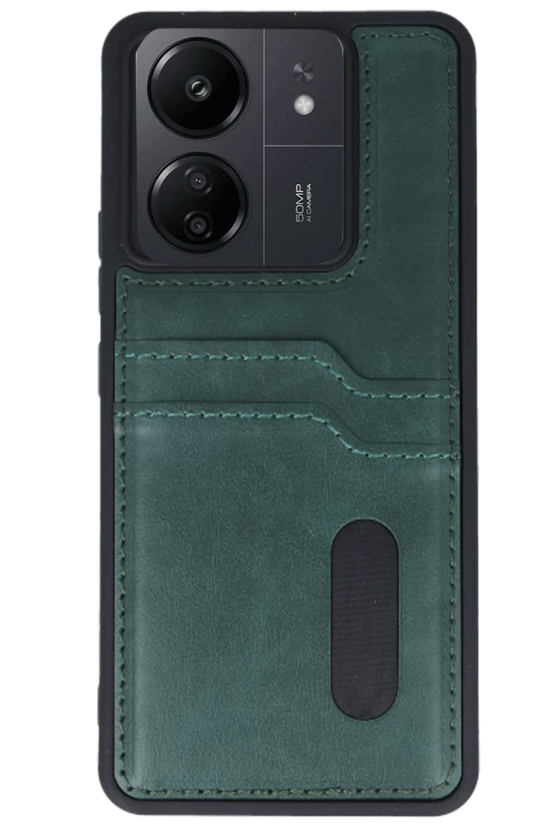 Xiaomi Redmi 13C Kılıf Sara Kartvizitli Deri Kılıf - Koyu Yeşil