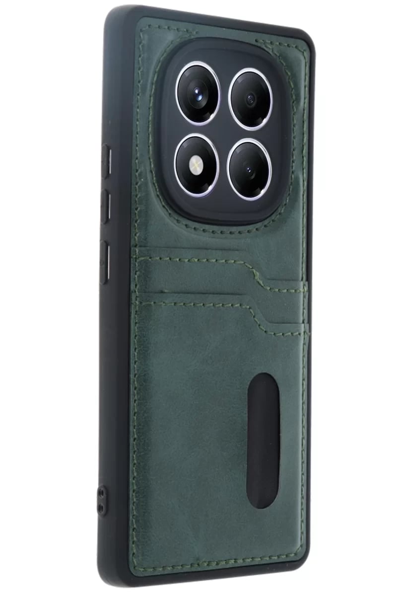 Xiaomi Redmi Note 14 Pro 5G Kılıf Sara Kartvizitli Deri Kılıf - Koyu Yeşil
