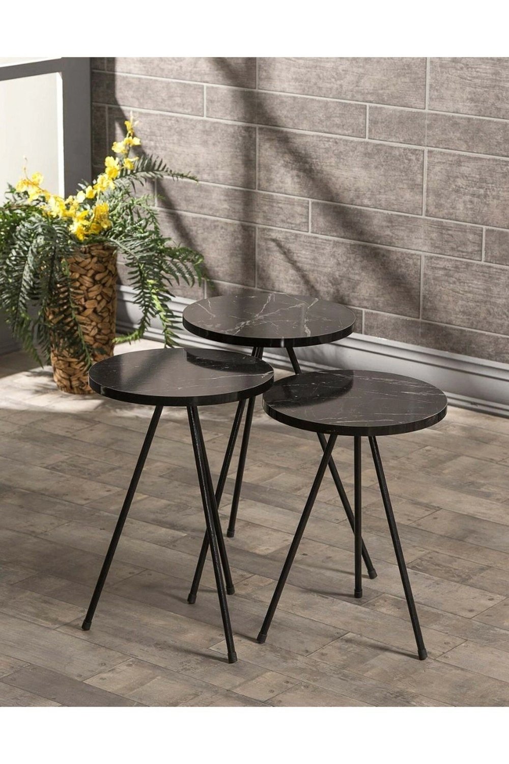Zigon Sehpa Ve  Orta Sehpa Set  Metal  Elips Siyah Mermer Desen