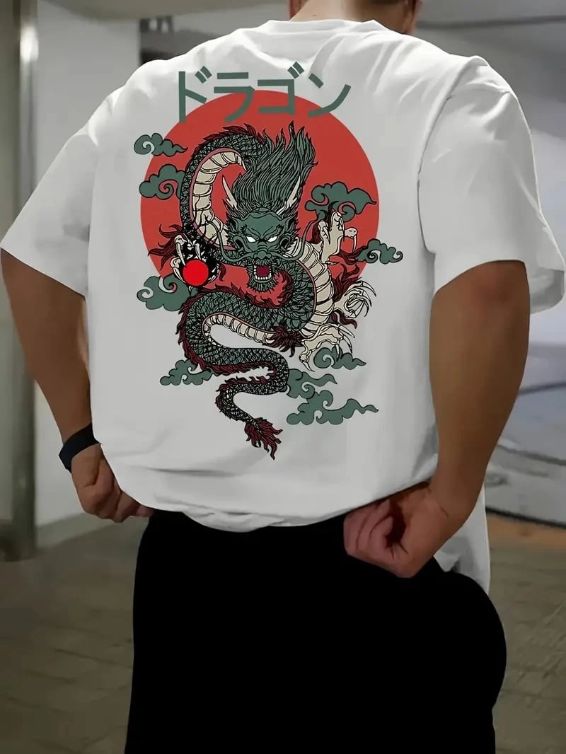 20/1 Penye Compack Ön Arka Ejder Baskılı Oversize Bisiklet Yaka T-shirt - Beyaz