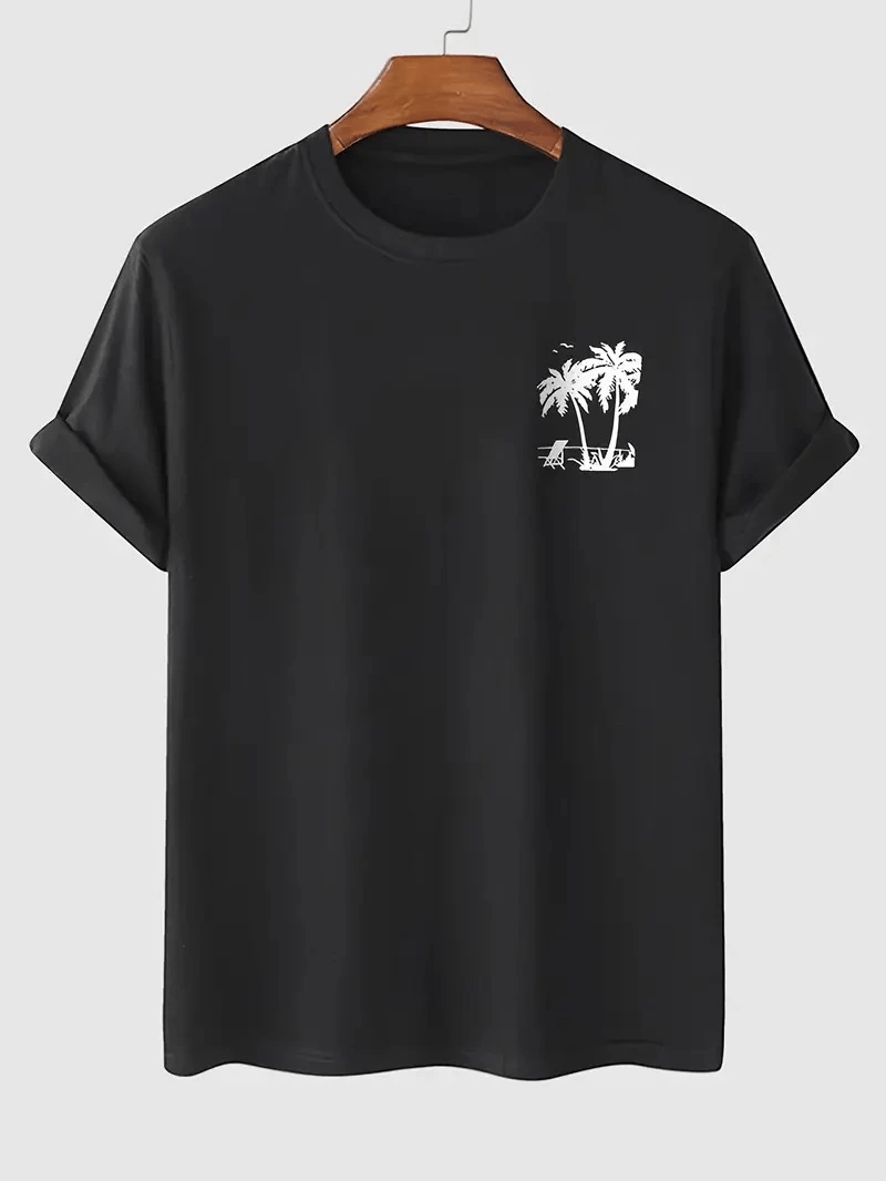 20/1 Penye Compack Palmiye Ön Baskılı Oversize Bisiklet Yaka Kısa Kol Yazlık T-shirt - Siyah
