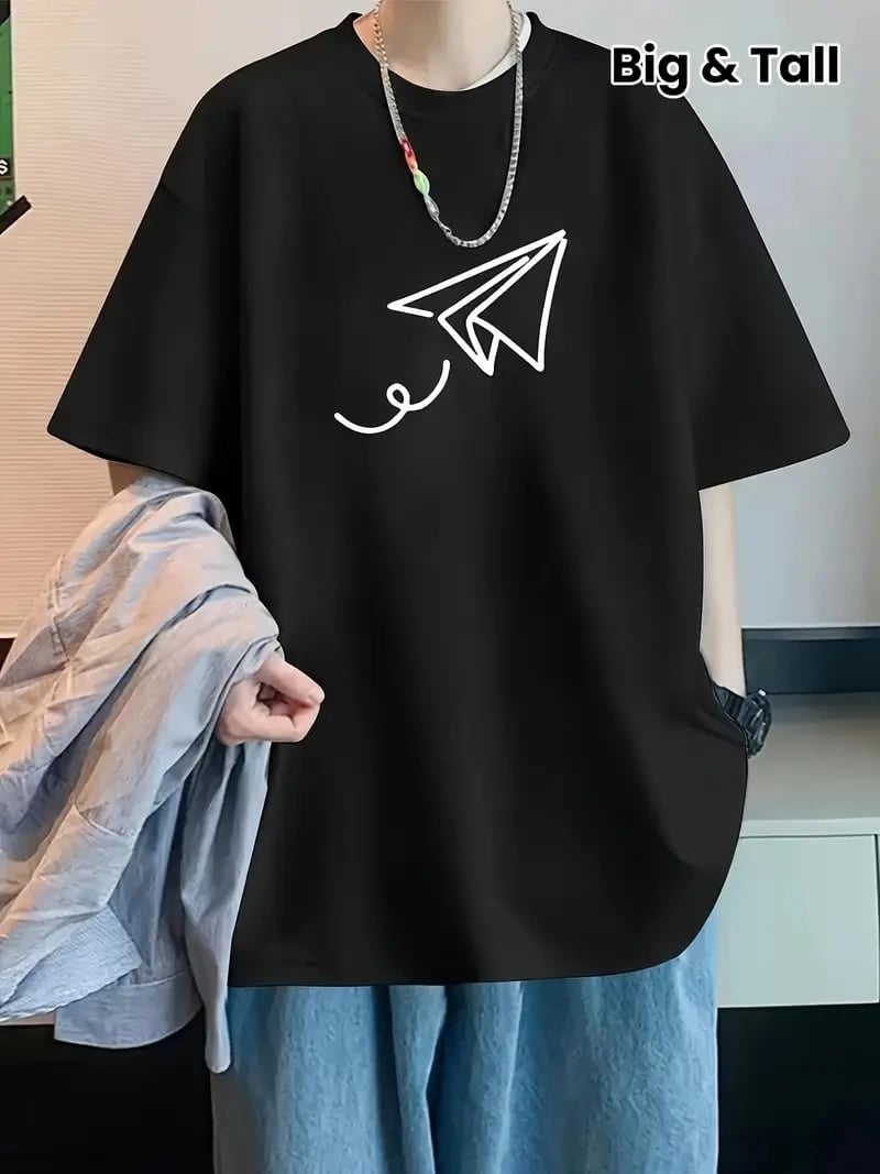 20/1 Penye Compack Uçak Baskılı Oversize Bisiklet Yaka Kısa Kol T-shirt - Siyah