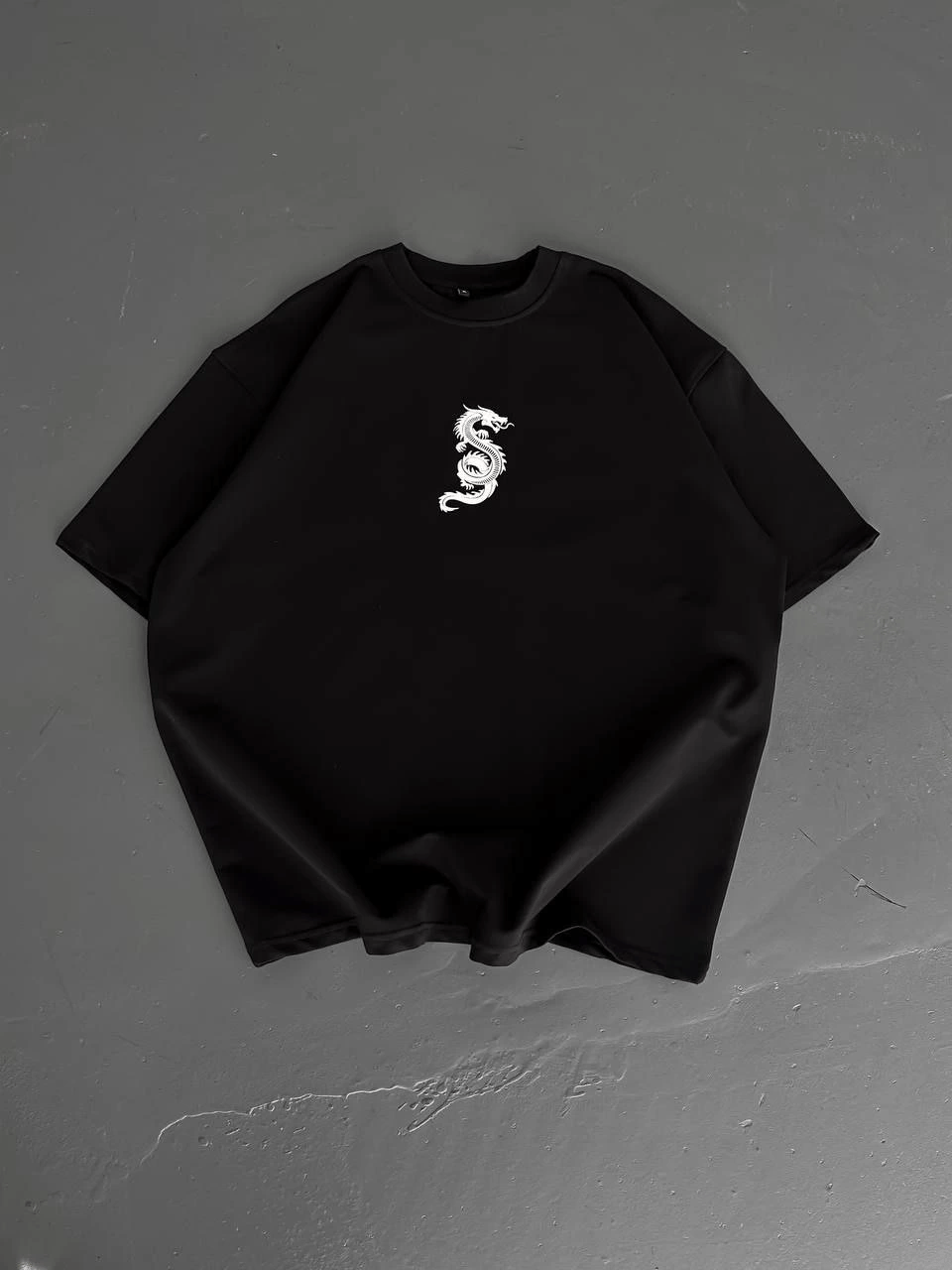 Baskılı Oversize Bisiklet Yaka T-shirt - Siyah