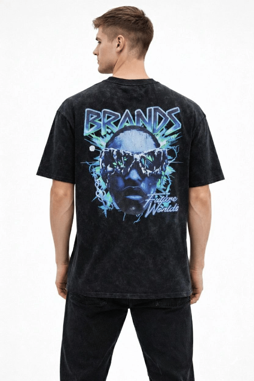 Erkek Asit Yıkamalı Oversize Tişört Future Worlds Baskılı Bisiklet Yaka Kısa Kollu Streetwear %100 Pamuk Street Style T-Shirt - Siyah