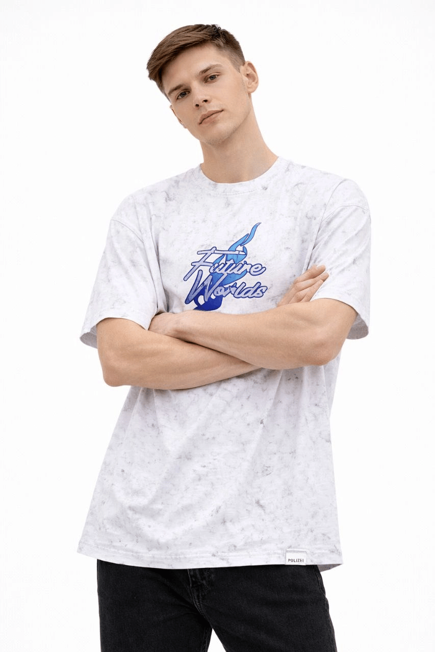 Erkek Asit Yıkamalı Oversize Tişört Future Worlds Baskılı Bisiklet Yaka Kısa Kollu Streetwear %100 Pamuk Street Style T-Shirt - Beyaz