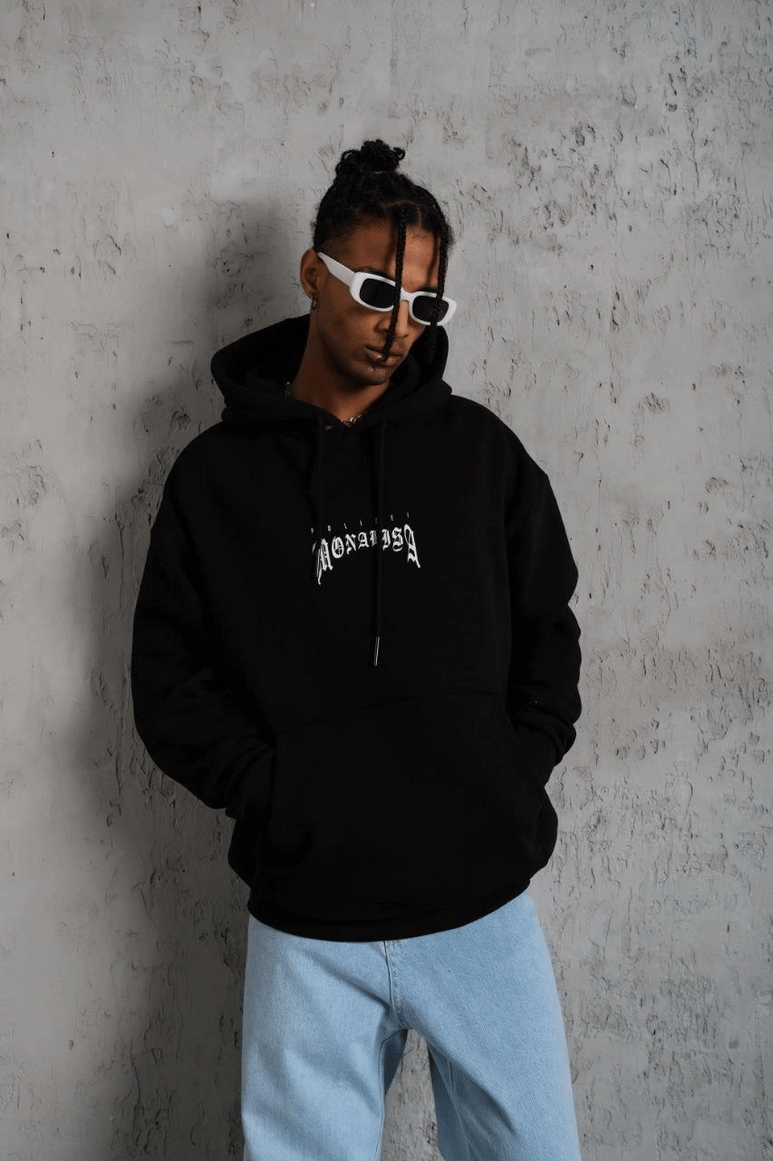 Erkek Baskılı Kapüşonlu ve Kanguru Cepli Sweatshirt hoodie- Siyah