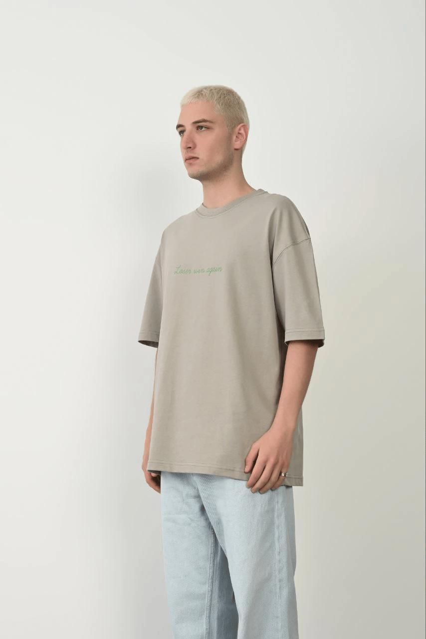 Erkek Baskılı T-Shirt Kısa Kol Bisiklet Yaka Rahat Kalıp Tişört  - Boyalı Gri