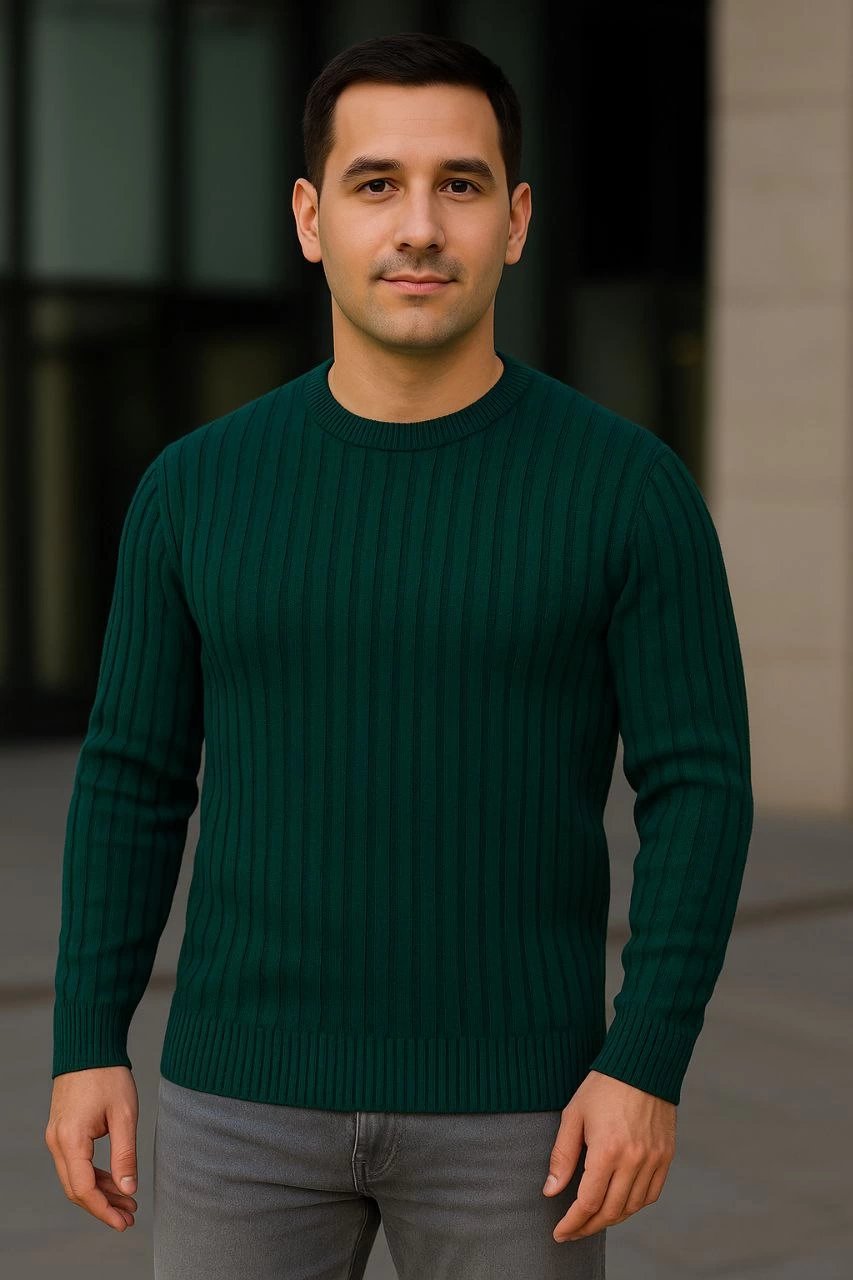 Erkek Bisiklet Yuvarlak Yaka Triko Kazak Pamuklu Kalın Fitilli Dokuma, Regular Fit Uzun Kollu Kışlık Model - Haki