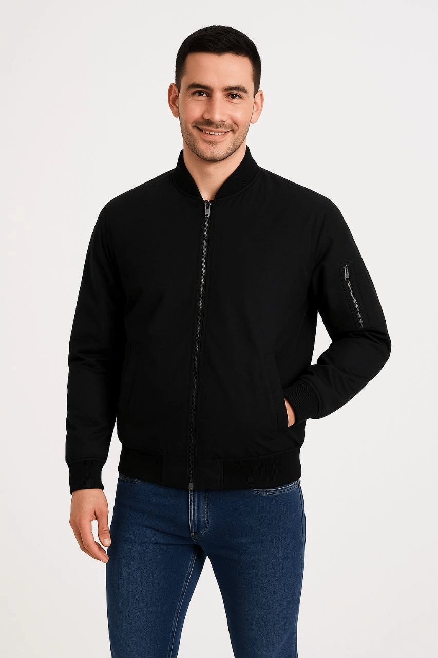 Erkek Bomber Mont Ceket – Fermuarlı, Kapitone İçi Astarlı, Su İtici Kumaş, Regular Fit, Uzun Kollu, Yandan Cepli, Bahar & Kış Rahat Günlük Stil - Siyah