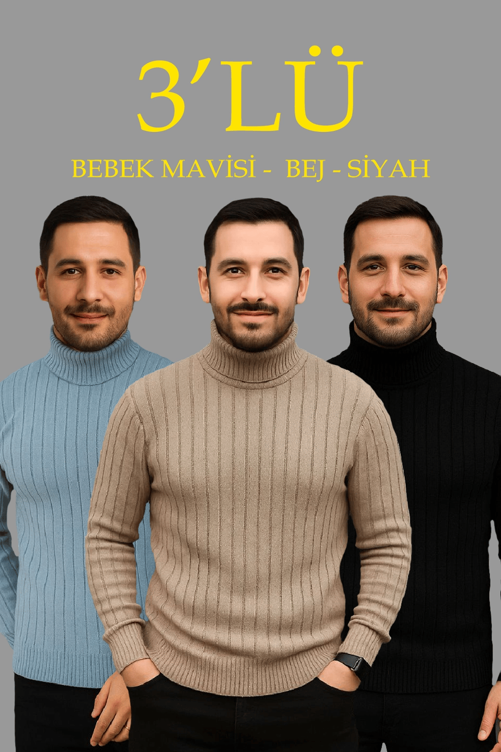 Erkek Fitilli Triko Kazak 3'lÜ Set Bebek Mavisi Bej Siyah Regular Balıkcı Yaka Tam Boğazlı Triko Seti Modeli Kazak