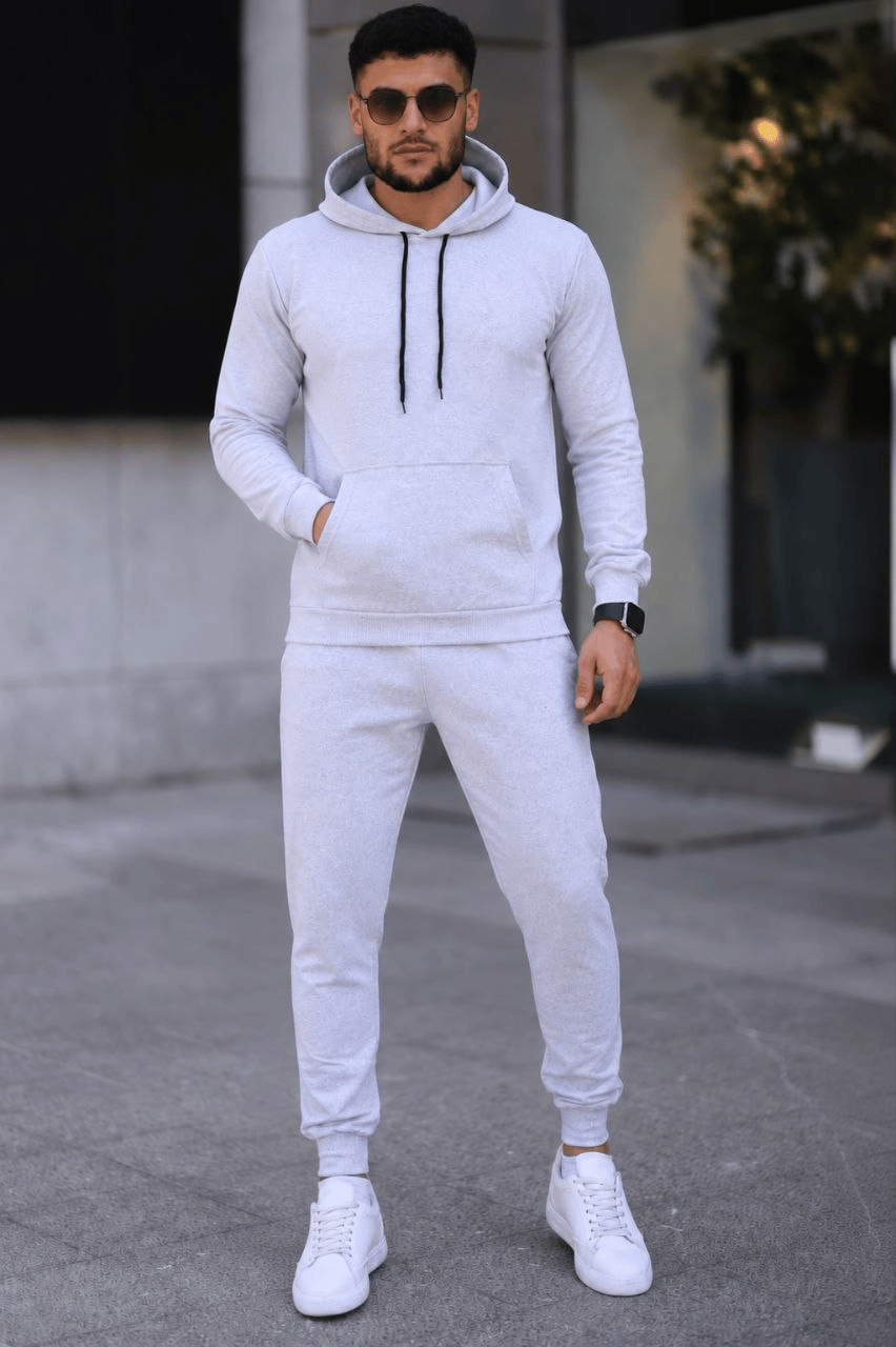 Erkek İki İplik Kapüşonlu Kanguru Cepli Sweatshirt Jogger Pantolon Alt Üst Eşofman Takımı -Beyaz