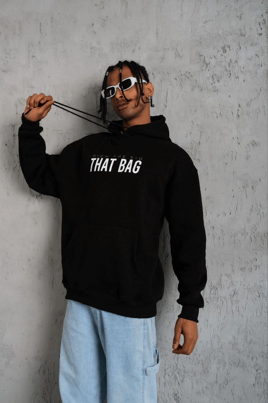 Erkek Kanguru Cepli Baskılı Kapüşonlu Sweatshirt - Siyah