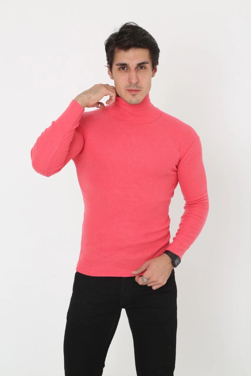 Erkek Kaşkorse Boğazlı Full Likralı Fitilli Body Kazak - Pembe