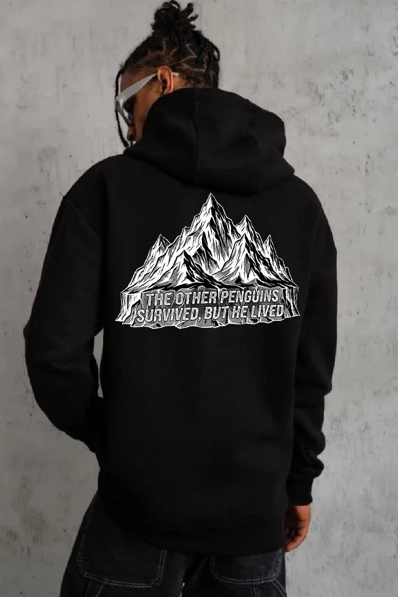 Erkek Nihilist Penguen Temalı Oversize Kapüşonlu Sweatshirt - Siyah