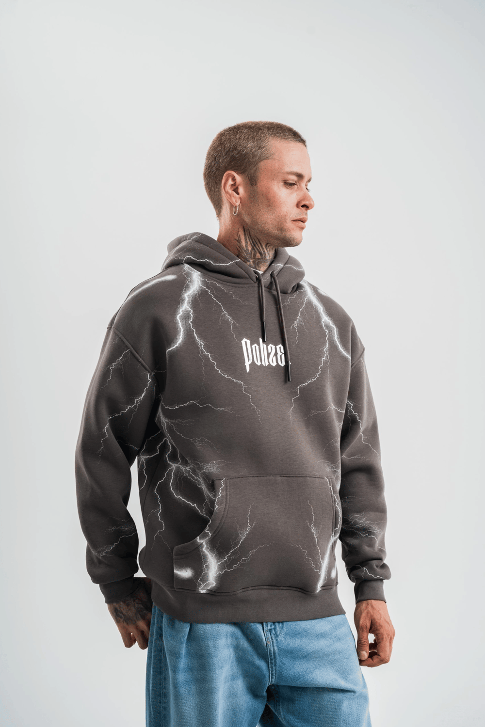 Erkek Şimşek Baskılı Kapşonlu Sweatshirt Üç İplik Pamuklu Kanguru Cepli Double Oversize Hoodie - Füme