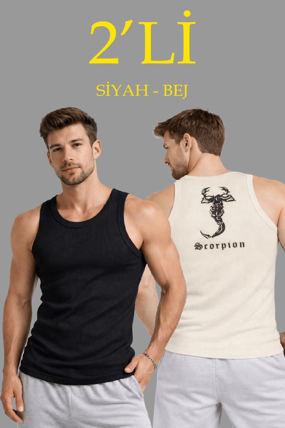 Erkek Spor Fitilli Atlet 2'li Set Siyah ve Bej Slim Fit Kaşkorse Arka Baskılı Spor Atlet
