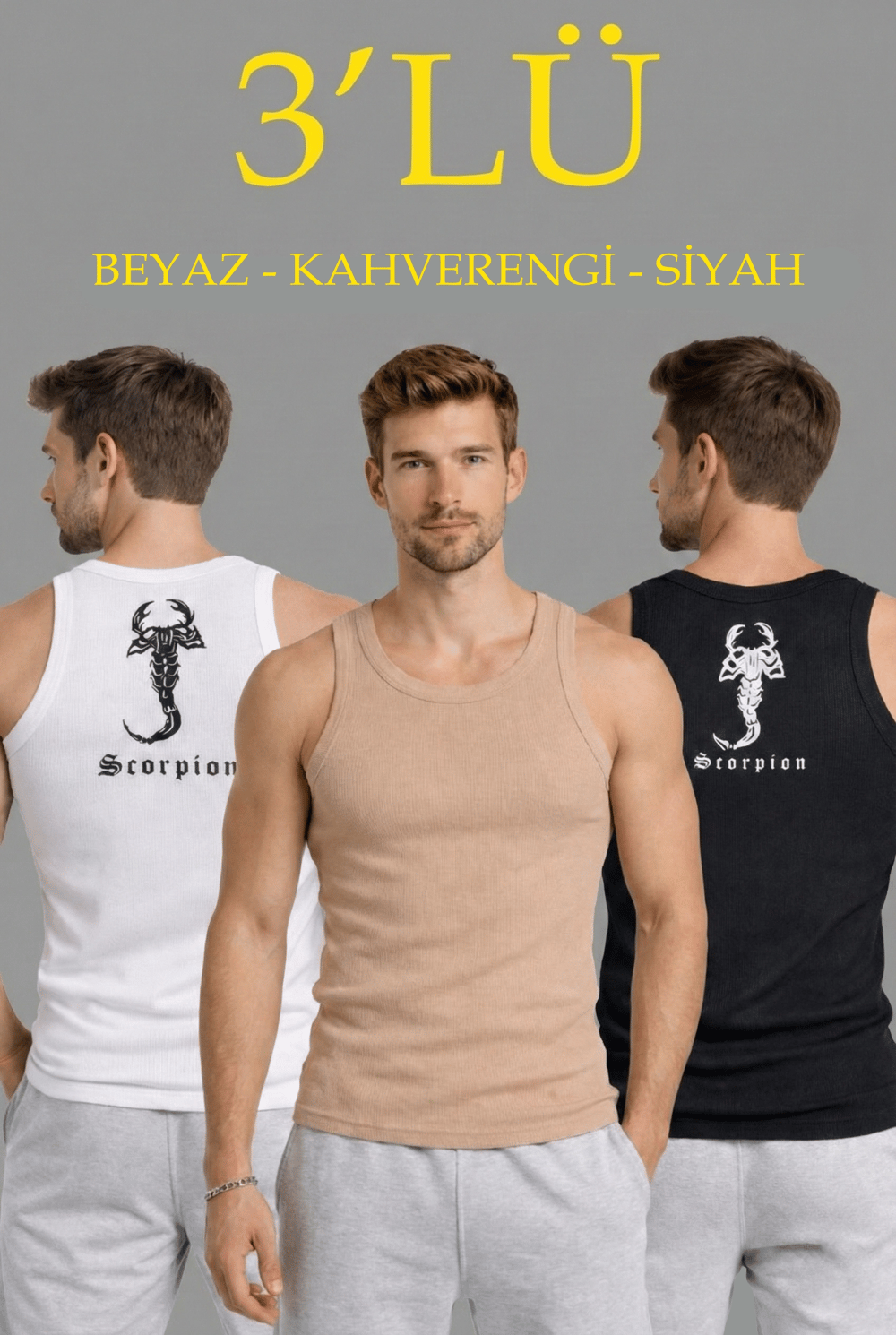 Erkek Spor Fitilli Atlet 3'lü Set Beyaz Siyah Kahverengi Slim Fit Kaşkorse Arka Baskılı