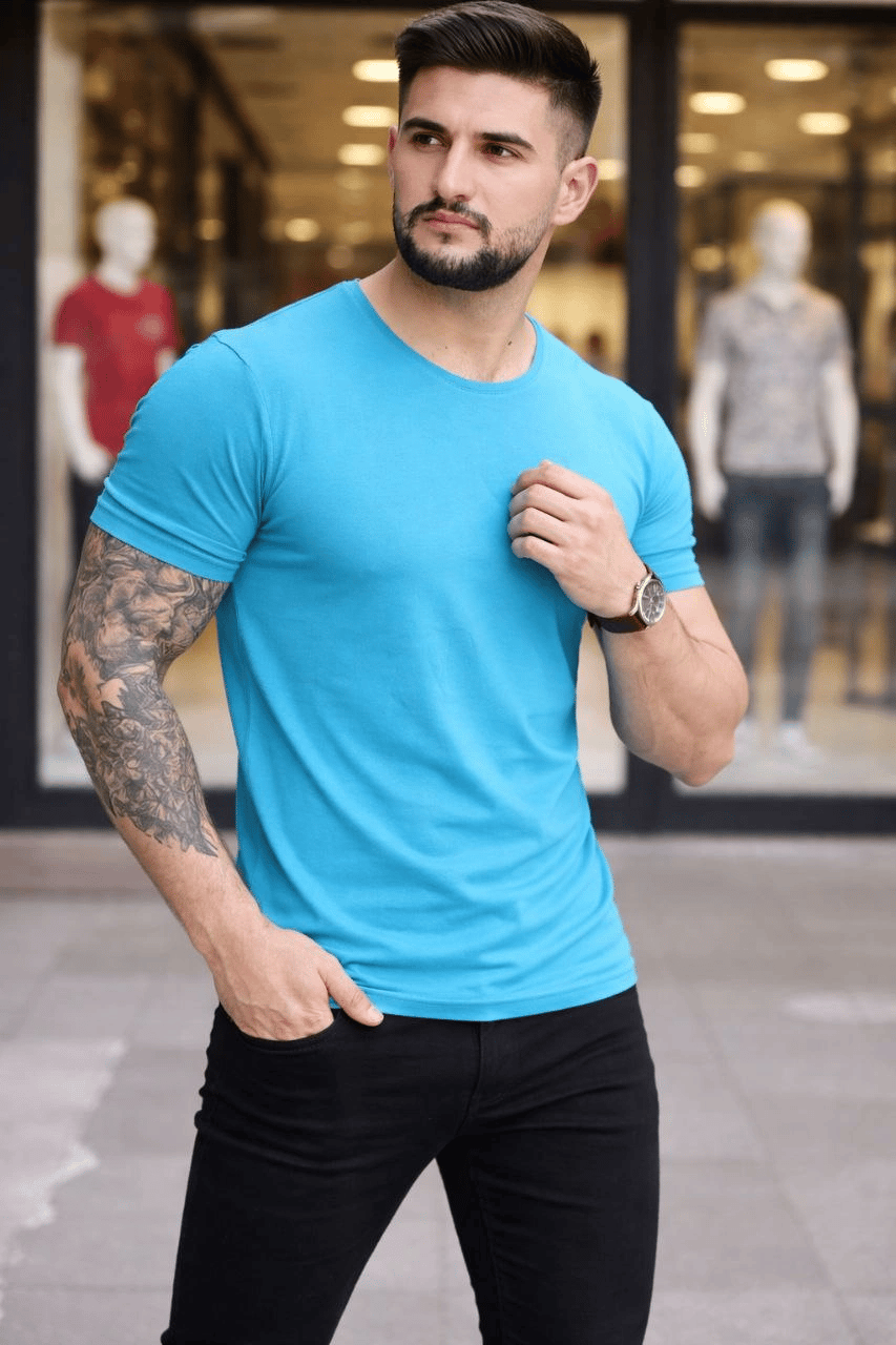 Erkek T-Shirt Bisiklet Yaka Slim Fit dar kesim Likralı Tişört Günlük Basic Body - Açık Mavi