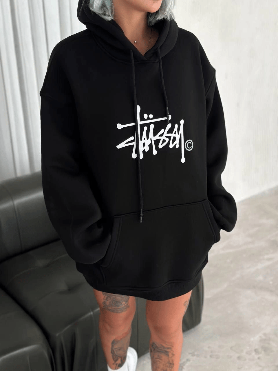 Erkek Tam Fermuarlı Cepli Kapüşonlu 3 iplik pamuklu hoodie Sweatshirt - Siyah