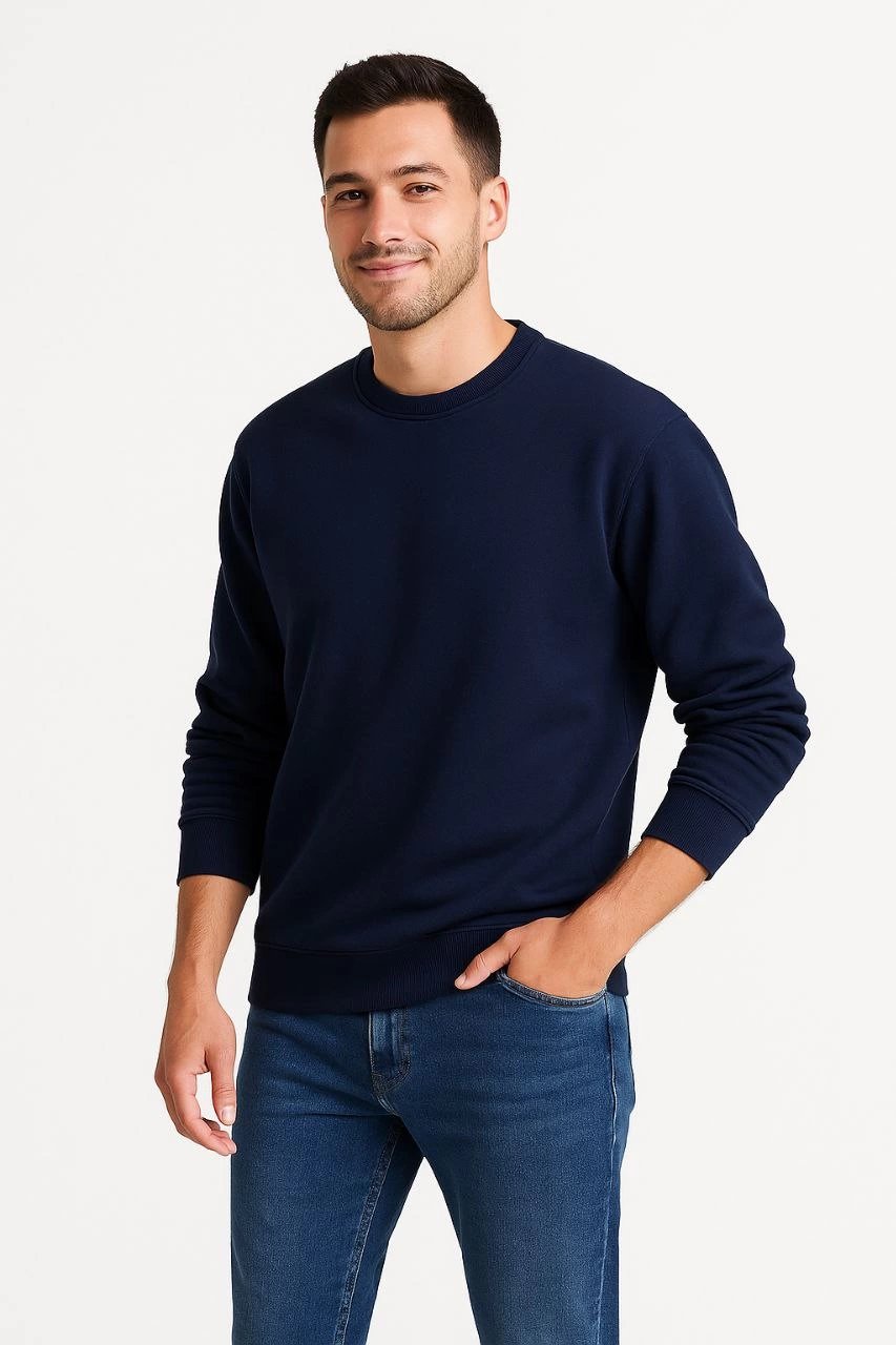 Erkek Üç İplik Düz Bisiklet Yaka SweatShirt - Lacivert
