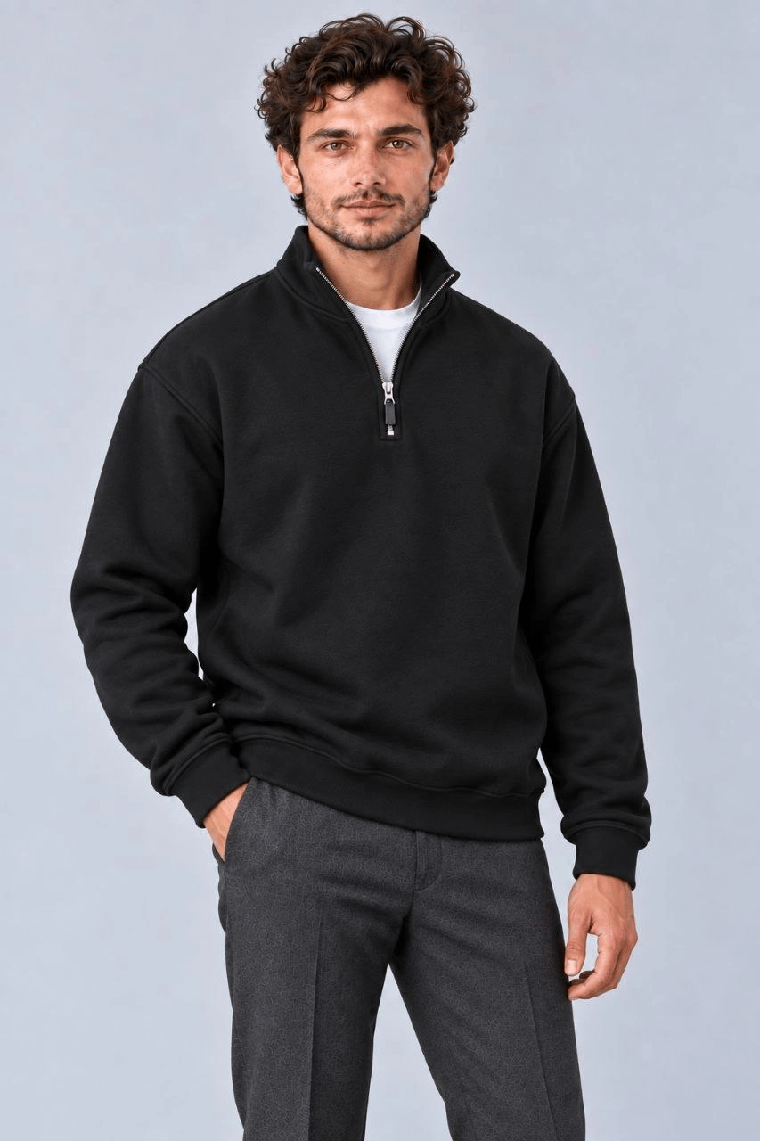Erkek Üç İplik İçi Şardonlu Dik Yaka Yarım Fermuarlı Kışlık Sweatshirt - Siyah
