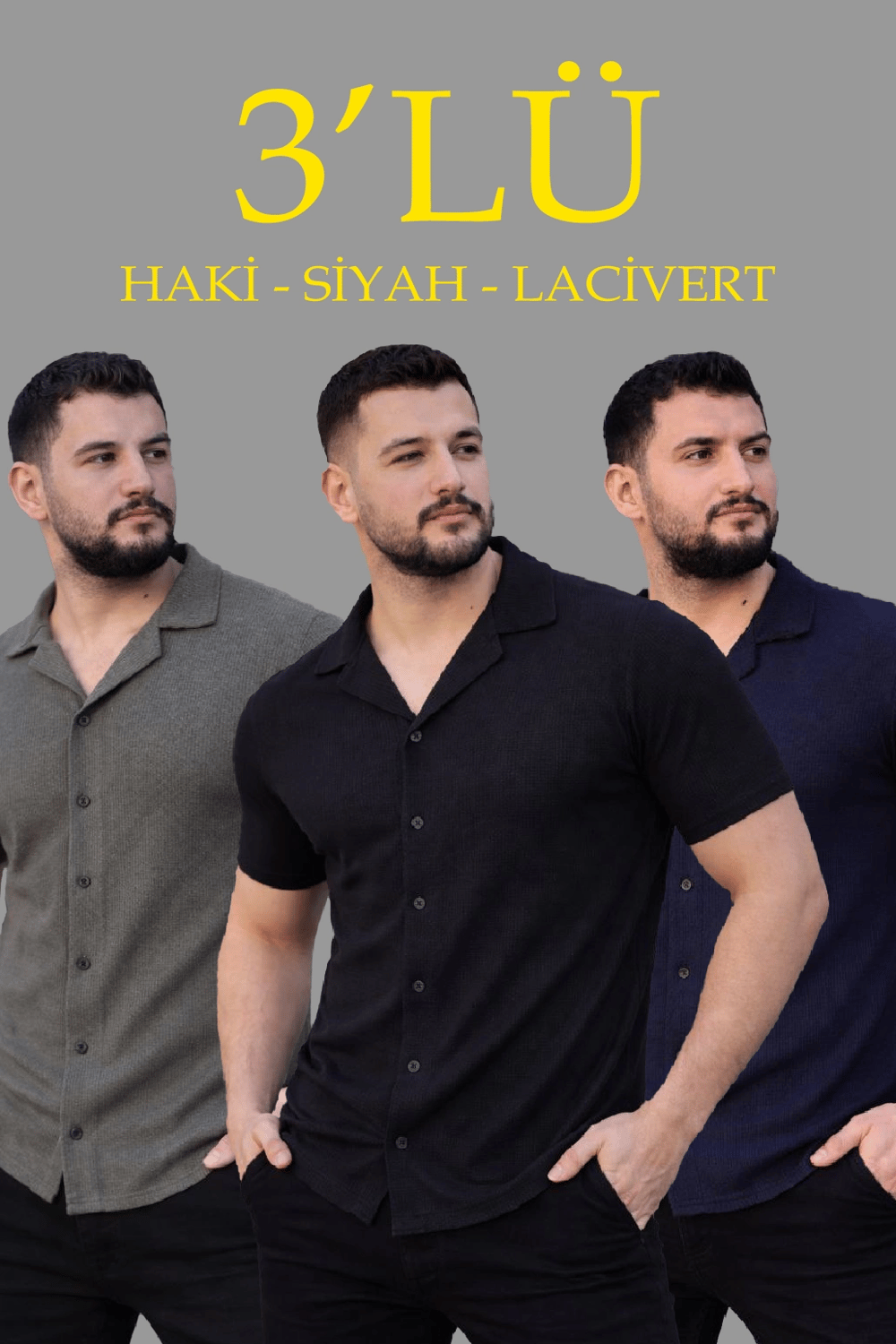 Erkek Waffle Dokuma Açık Yakalı Düğmeli Regular Kalıp 3’lü Gömlek Seti - Siyah, Haki, Lacivert
