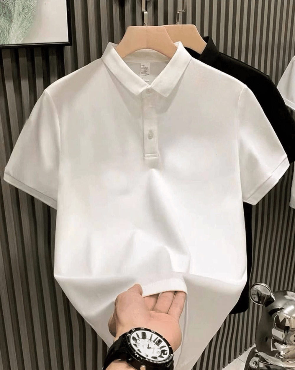 Erkek Yakası Düğmeli Yakalı Pike Düz T-Shirt - Beyaz