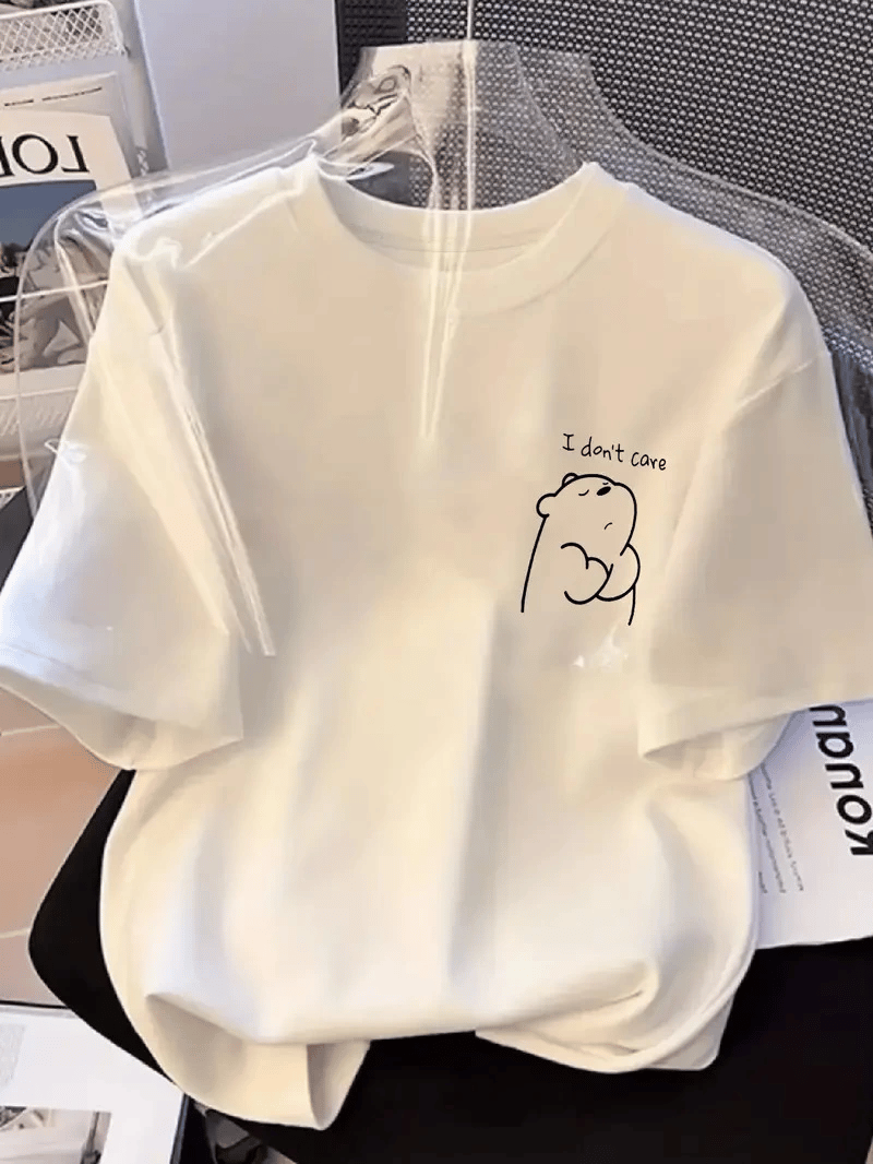 [Günlük T-Shirt] Hafif Kadın Günlük T-Shirt | Bol Kesim, Kısa Kollu, Yuvarlak Yaka, Eğlenceli Karikatür Ayı ve 