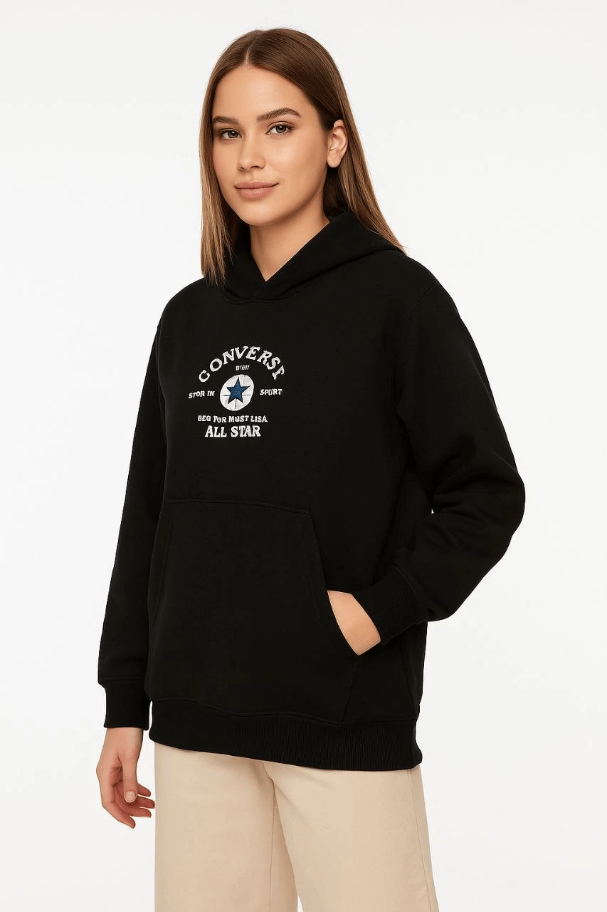 Kadın 3 İplik Pamuklu Kapüşonlu Kanguru Cepli Baskılı Oversize Hoodie Sweatshirt - Siyah