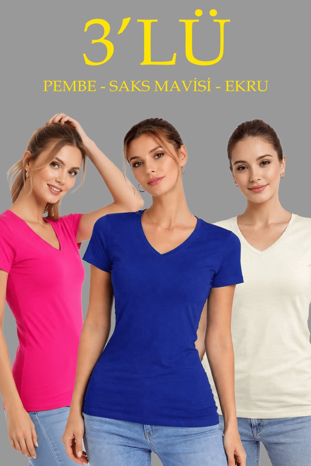Kadın 3'lü V Yaka Tişört – Kısa Kollu Yazlık Slim Fit Body - Pembe, Saks Mavi, Ekru