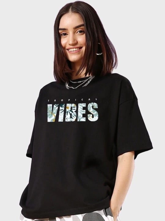 Kadın Baskılı Oversize T-shirt - Siyah