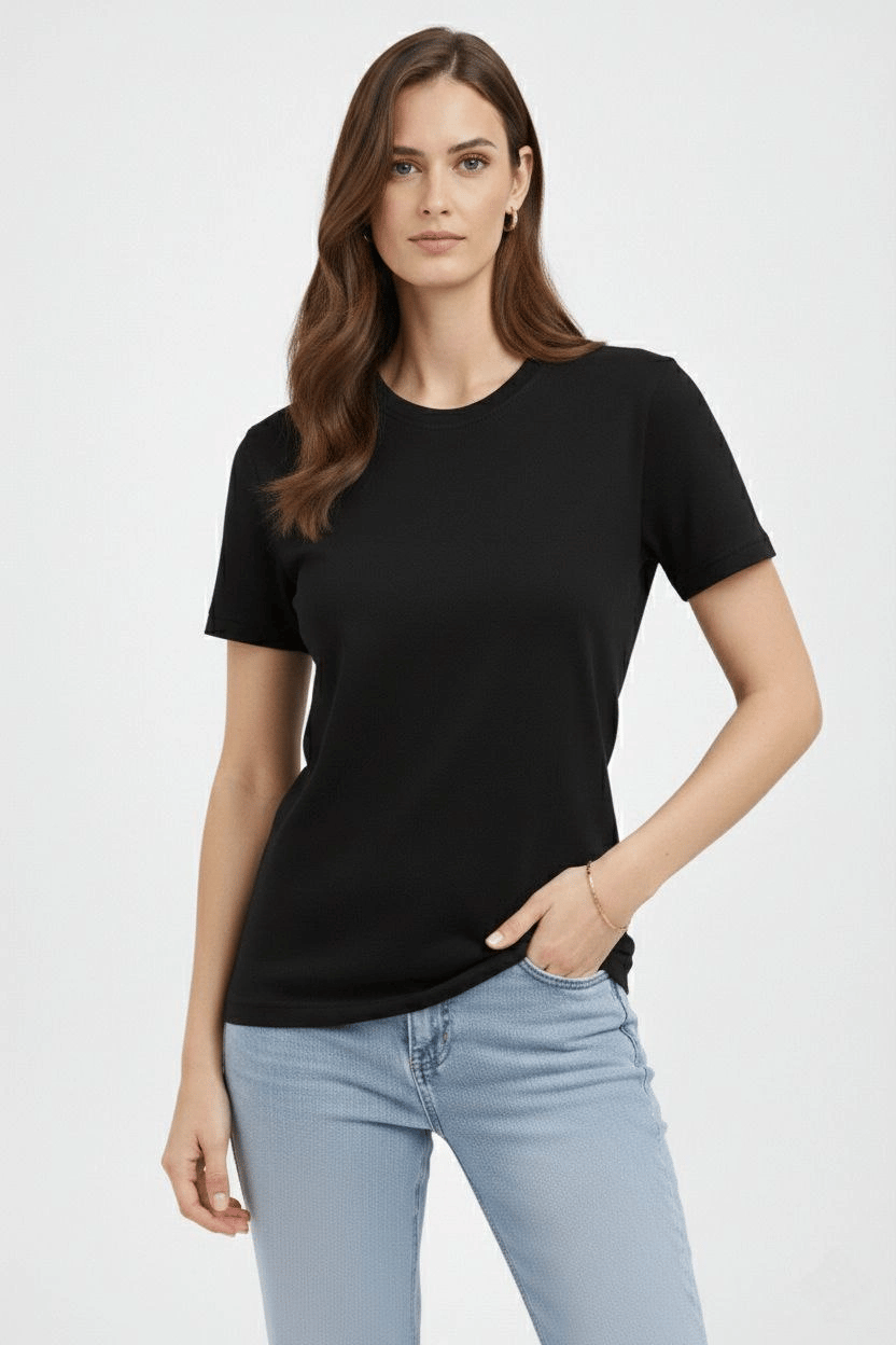 Kadın Bisiklet Yaka Tişört Regular Kalıp Basic Pamuklu Günlük Kullanım T-shirt - Siyah