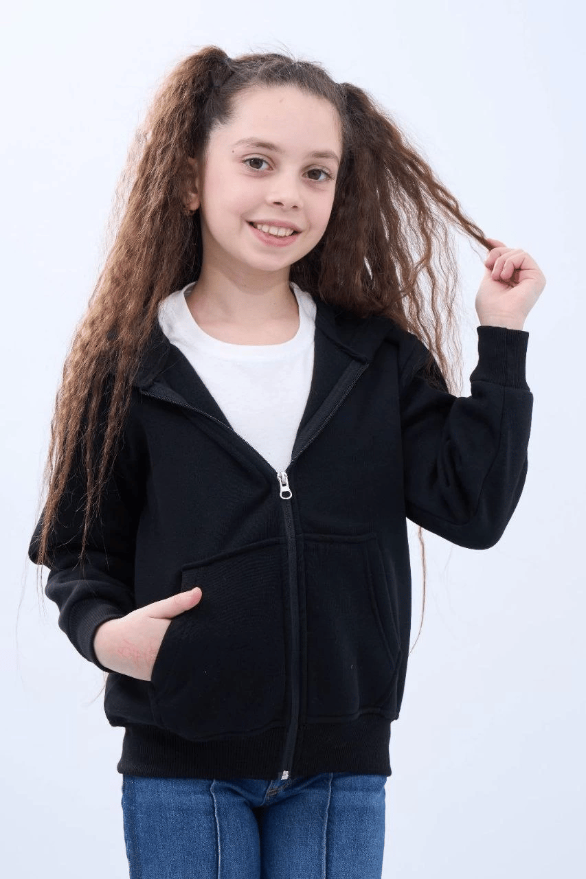 Kız Çocuk Kapüşonlu Kanguru Cepli Tam Fermuarlı Hırka Sweatshirt - Siyah