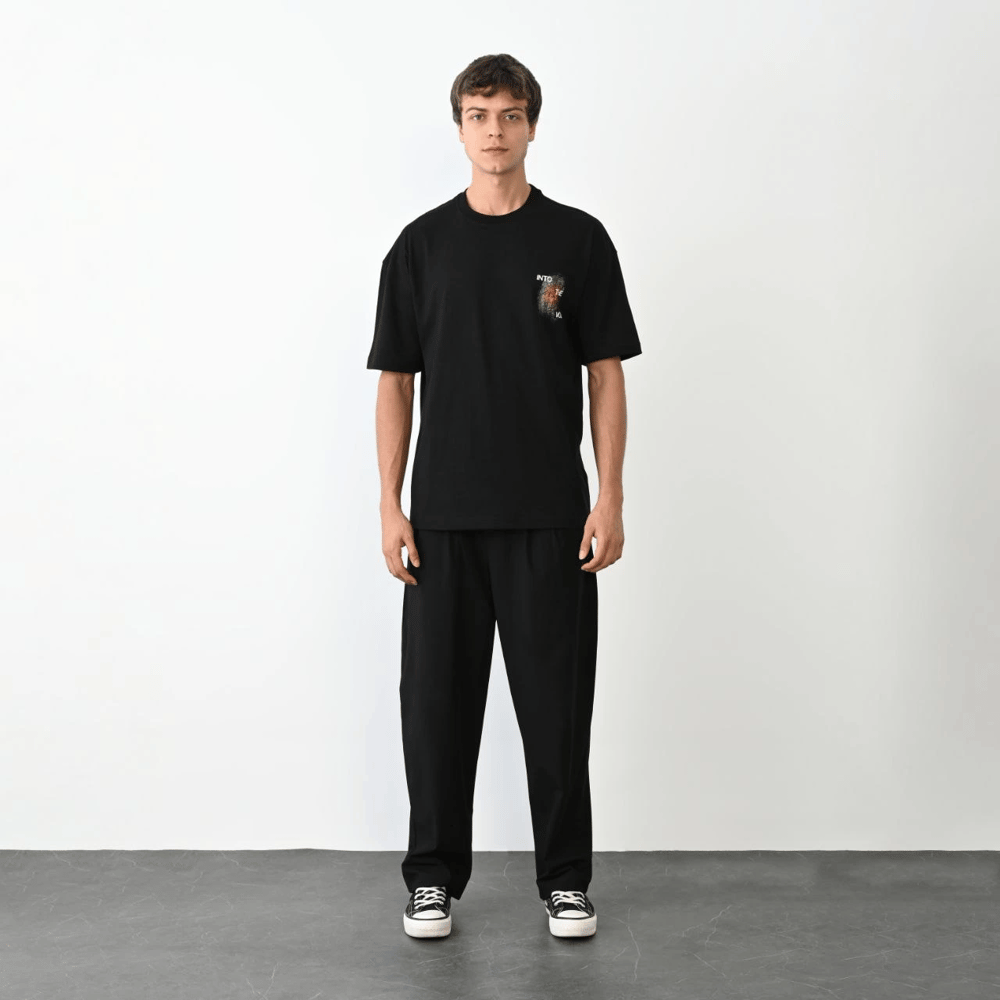 Unisex Bisiklet Yaka Baskılı Oversize T-Shirt - Siyah