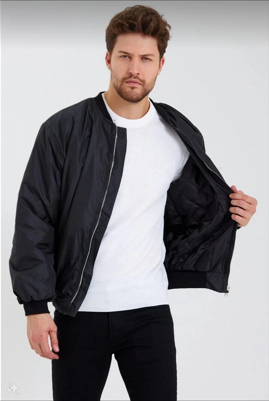 Unisex Siyah Bomber Mont – Su İtici Kumaş, Kapitone Astarlı, Fermuarlı ve Günlük Kullanıma Uygun Ceket- Siyah