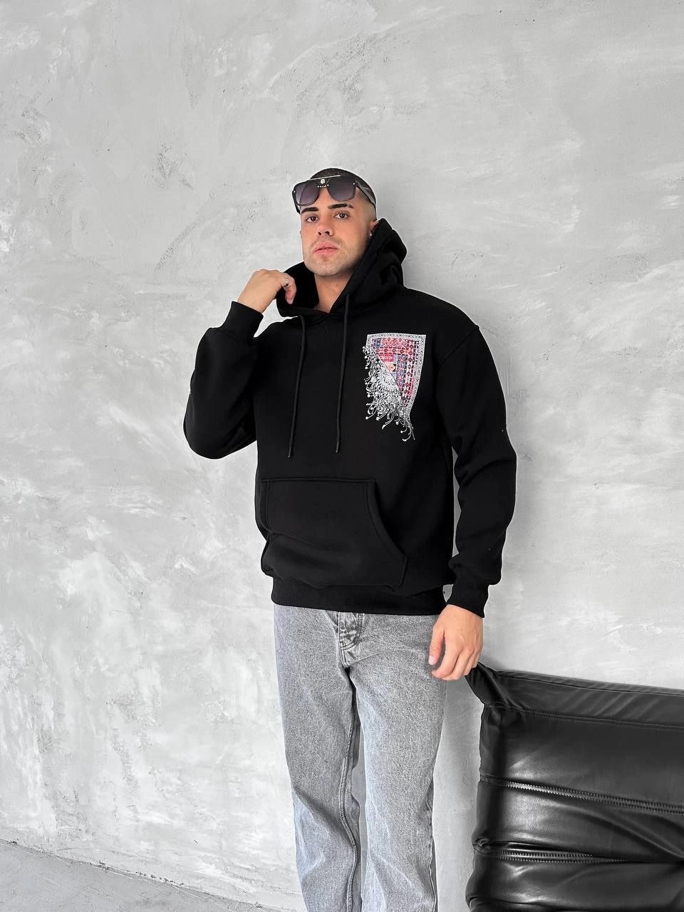 Uzun Kol Kapüşonlu Ön Ve Arka Baskılı SweatShirt - Siyah