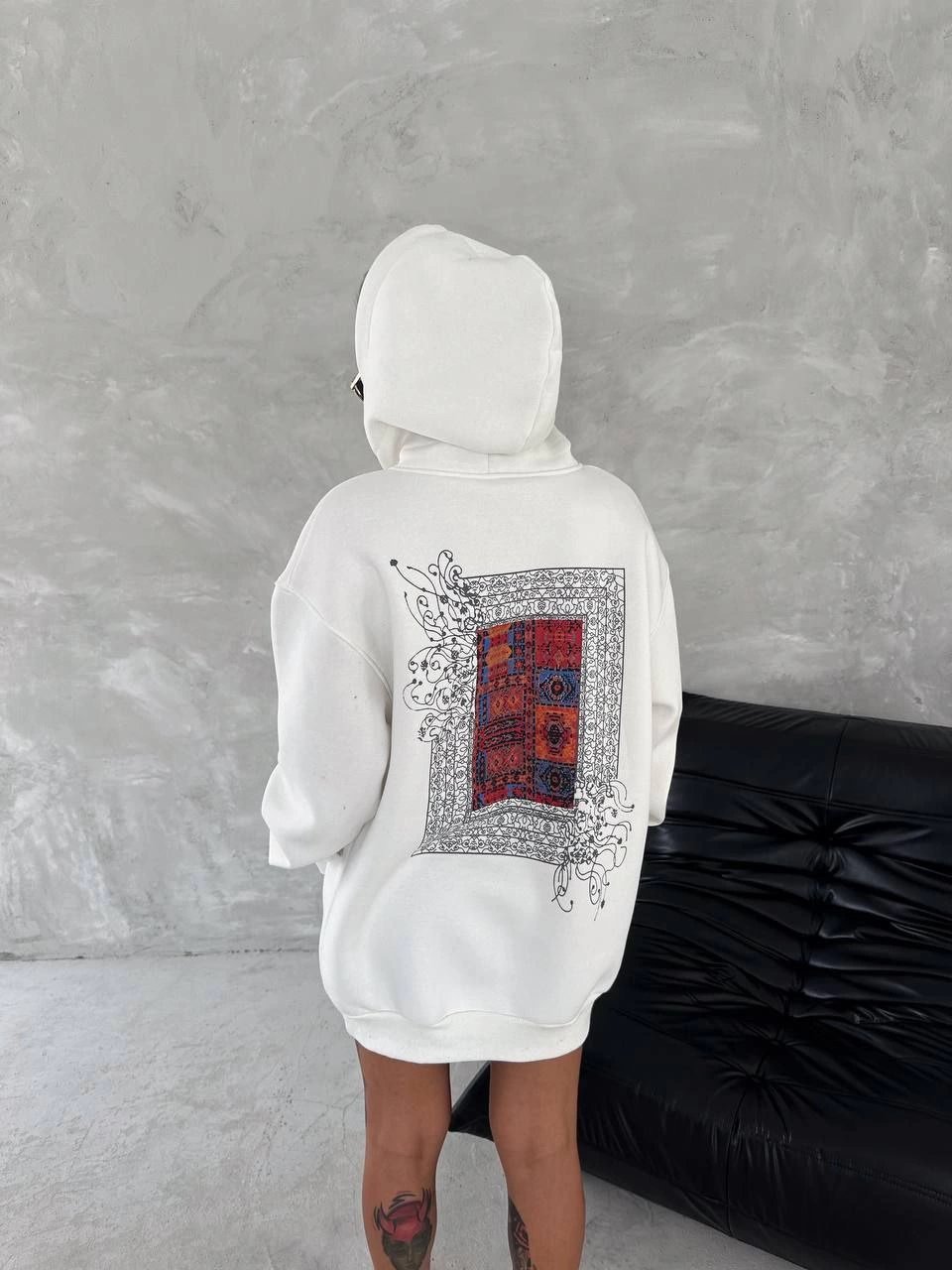 Uzun Kol Kapüşonlu Ön Ve Arka Baskılı SweatShirt - Beyaz