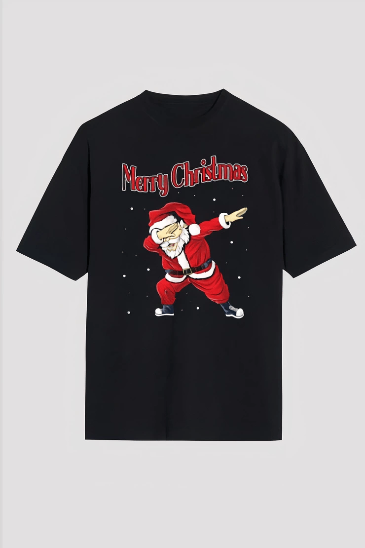 Yılbaşı Merry Christmas Noel Baba Baskılı Oversize Bisiklet Yaka T-shirt - Siyah