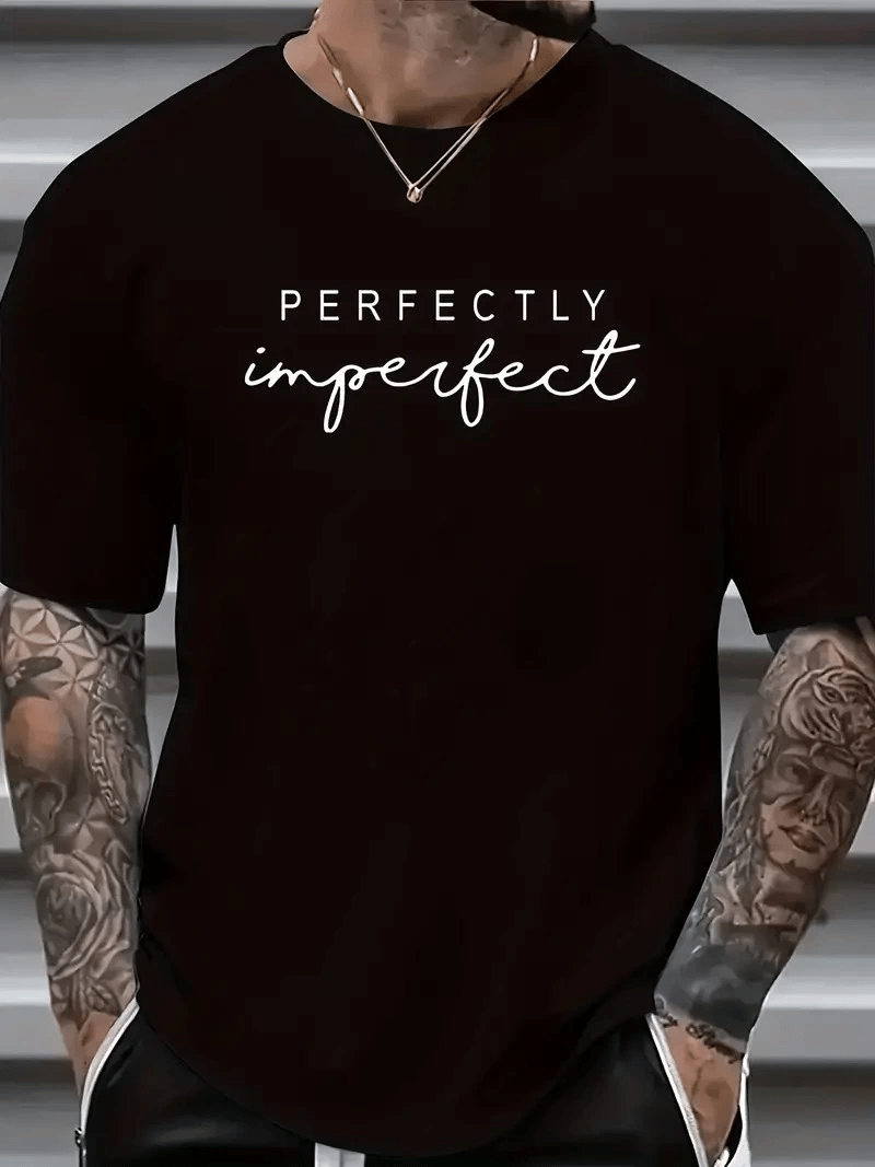 erkekler için Ön Arka Baskılı PERFECTLY günlük Kısa Kol tişört - Siyah